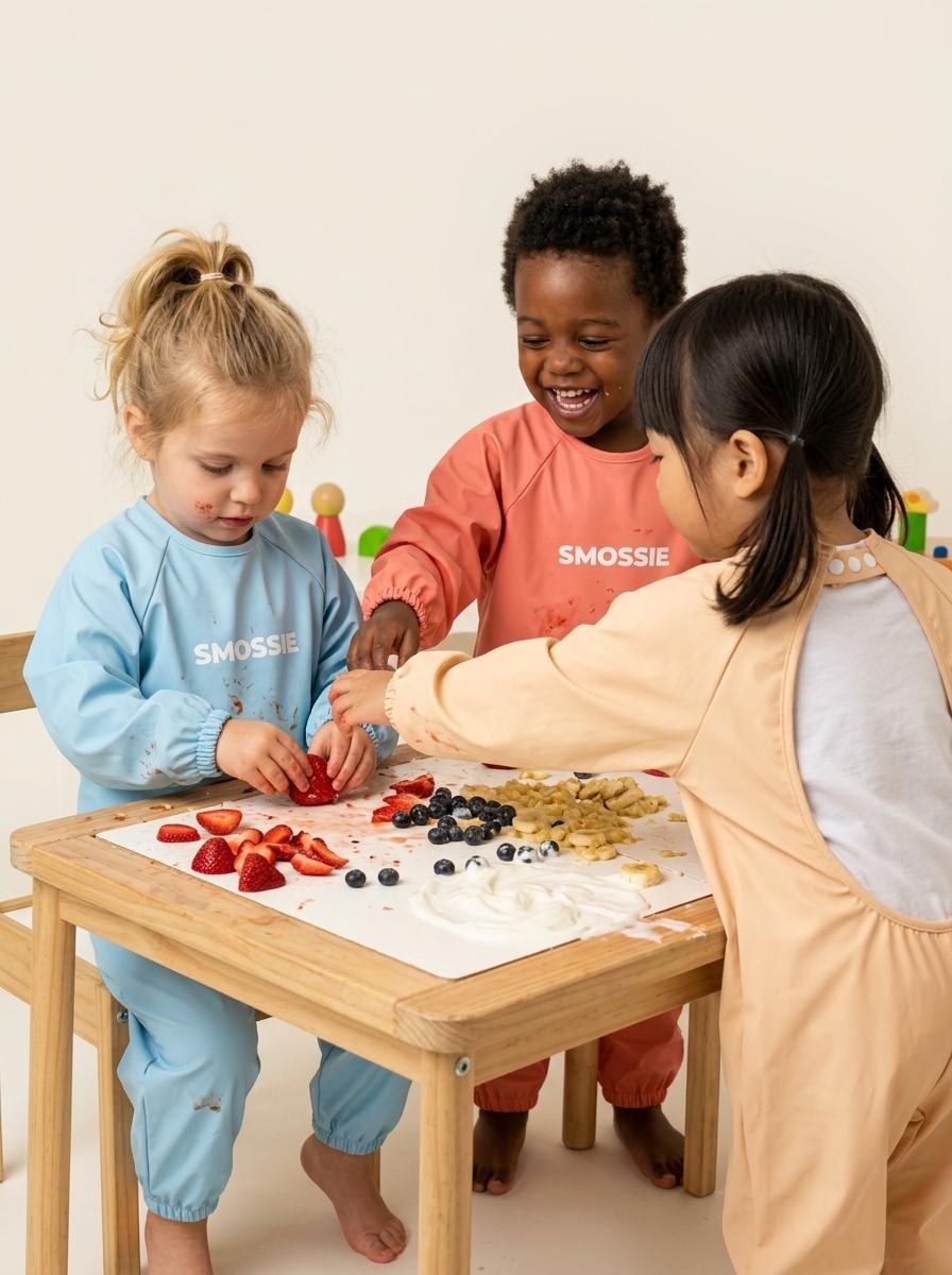 A toddler and his friend, eating berries and yoghurt in a sky blue Smossie suit