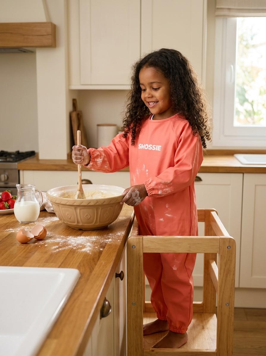 A child baking on a learning tower in a coral red Smossie suit