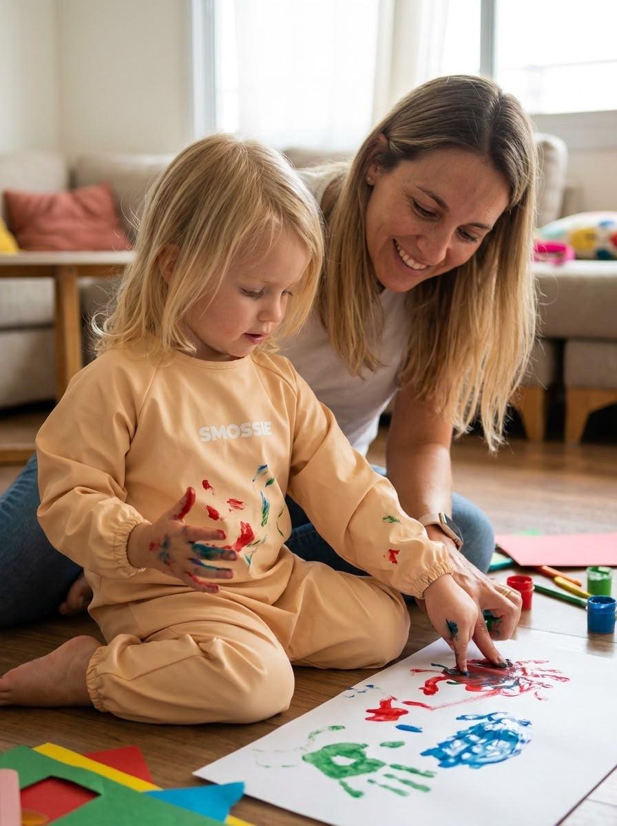 A child baking on a learning tower in a coral red Smossie suit