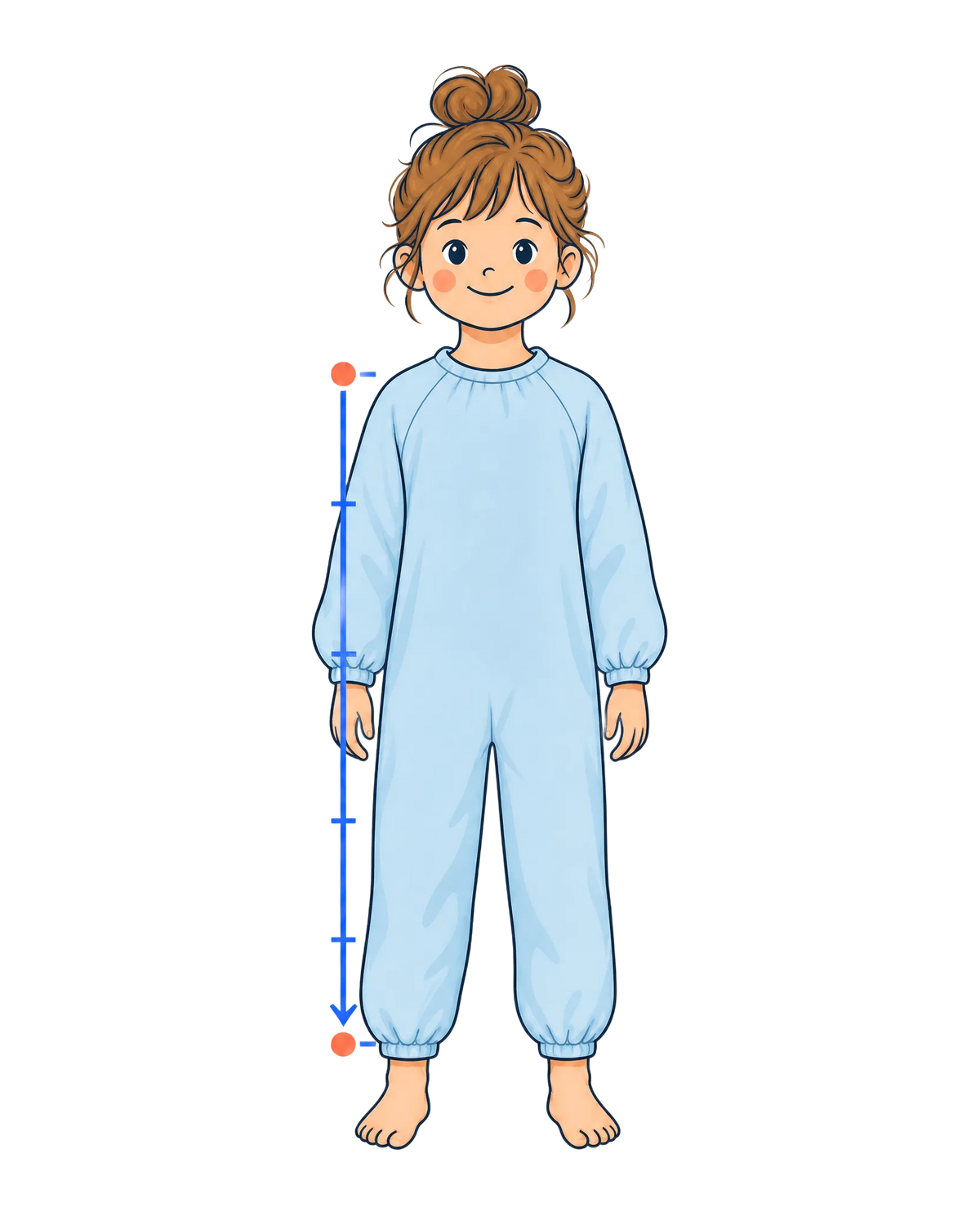 Illustrated child wearing a blue Smossie suit