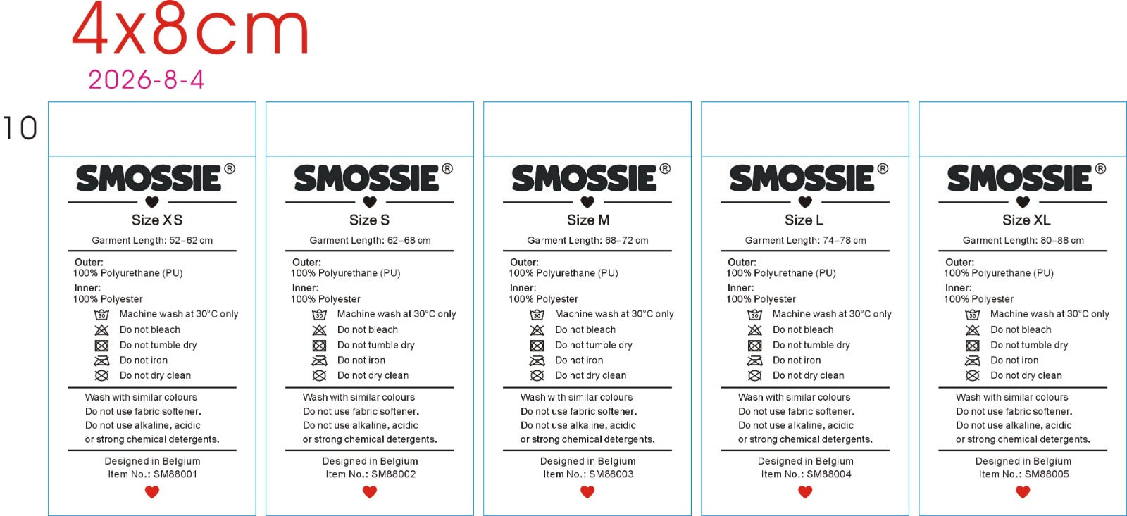 Smossie Suit care labels for sizes XS to XL, showing garment length and washing instructions