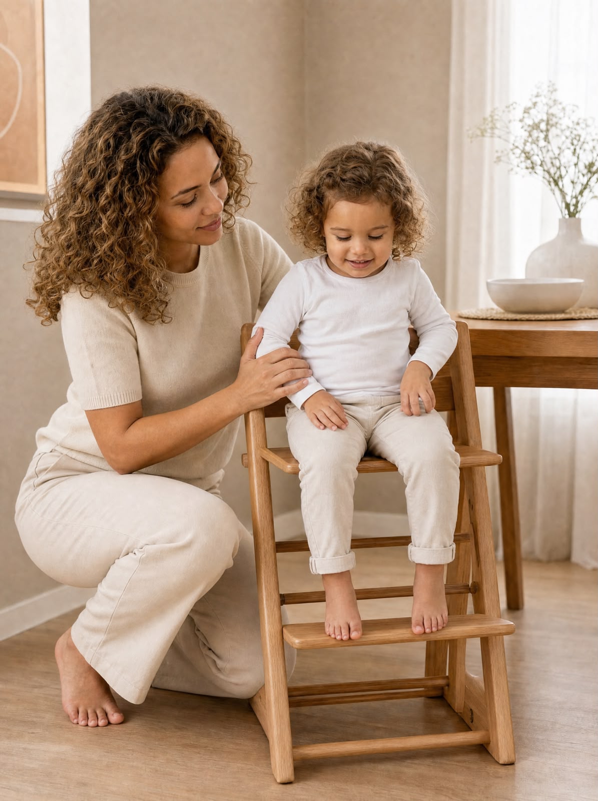 A parent safely sitting their child down before putting on a Smossie Suit