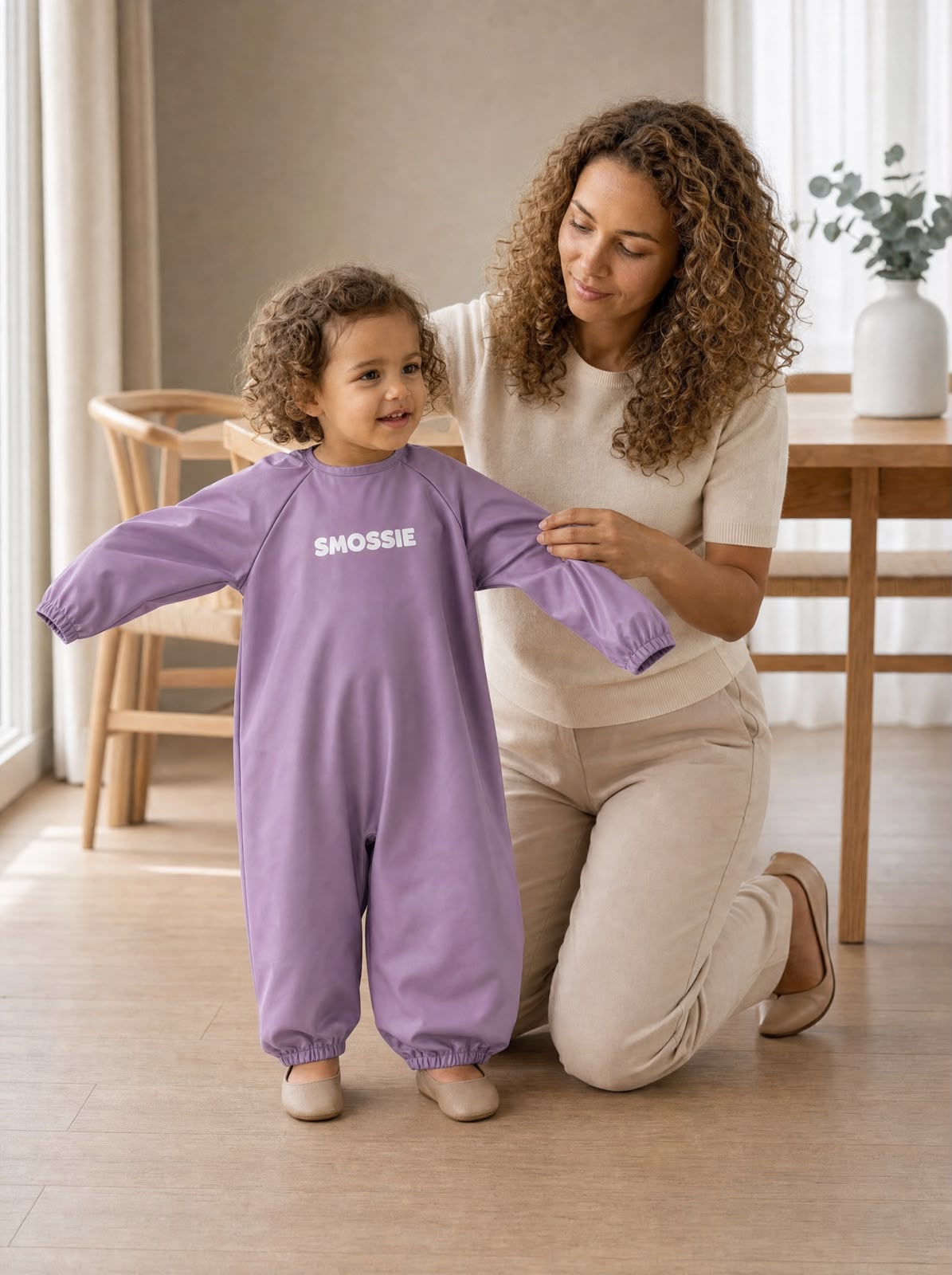 A parent guiding their child's arms through the Smossie Suit sleeves