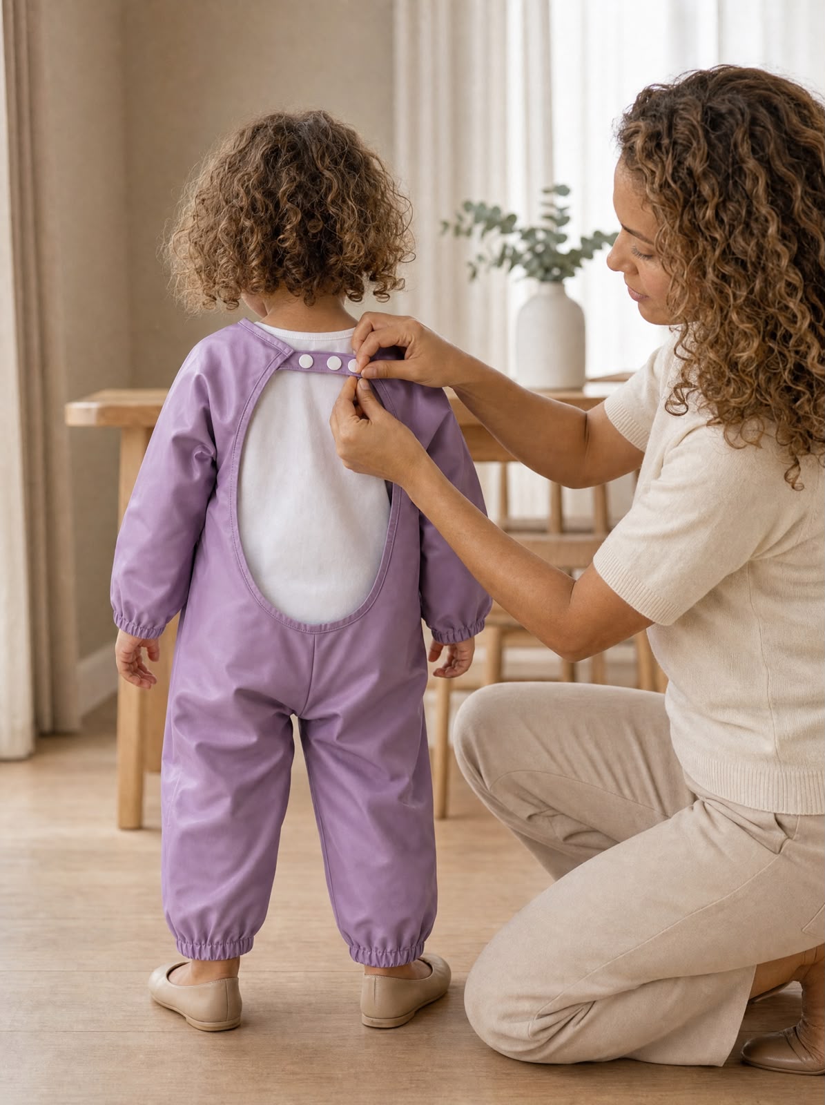 A parent fastening the Smossie Suit at the back